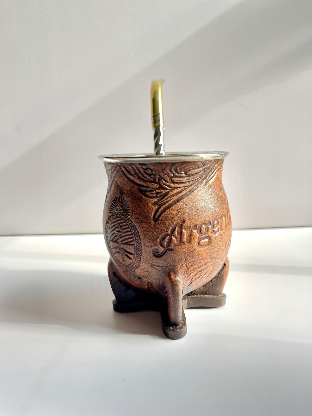 Camionero Mate Gourd - Handmade in Argentina - Genuine Leather - Hand-Chiseled Alpaca Rim -Argentine Coat of Arms - Luxury Artisan Mate