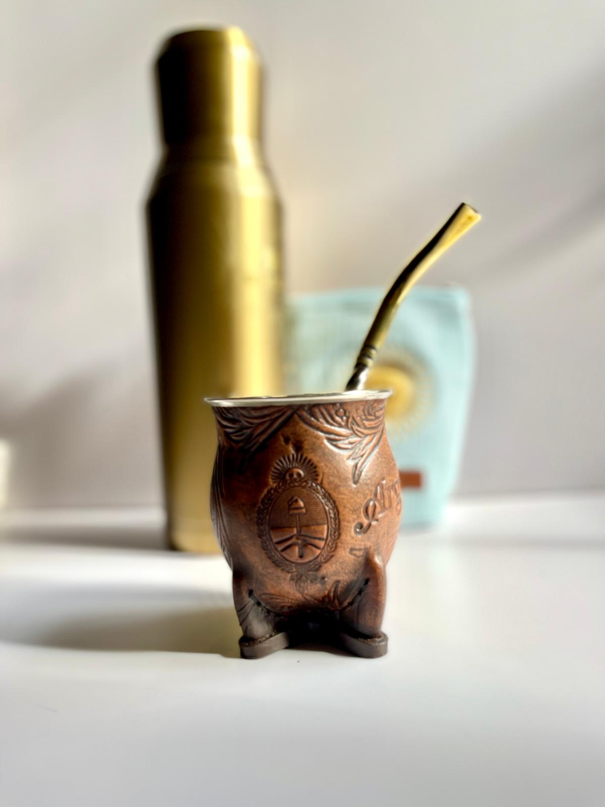 Camionero Mate Gourd - Handmade in Argentina - Genuine Leather - Hand-Chiseled Alpaca Rim -Argentine Coat of Arms - Luxury Artisan Mate