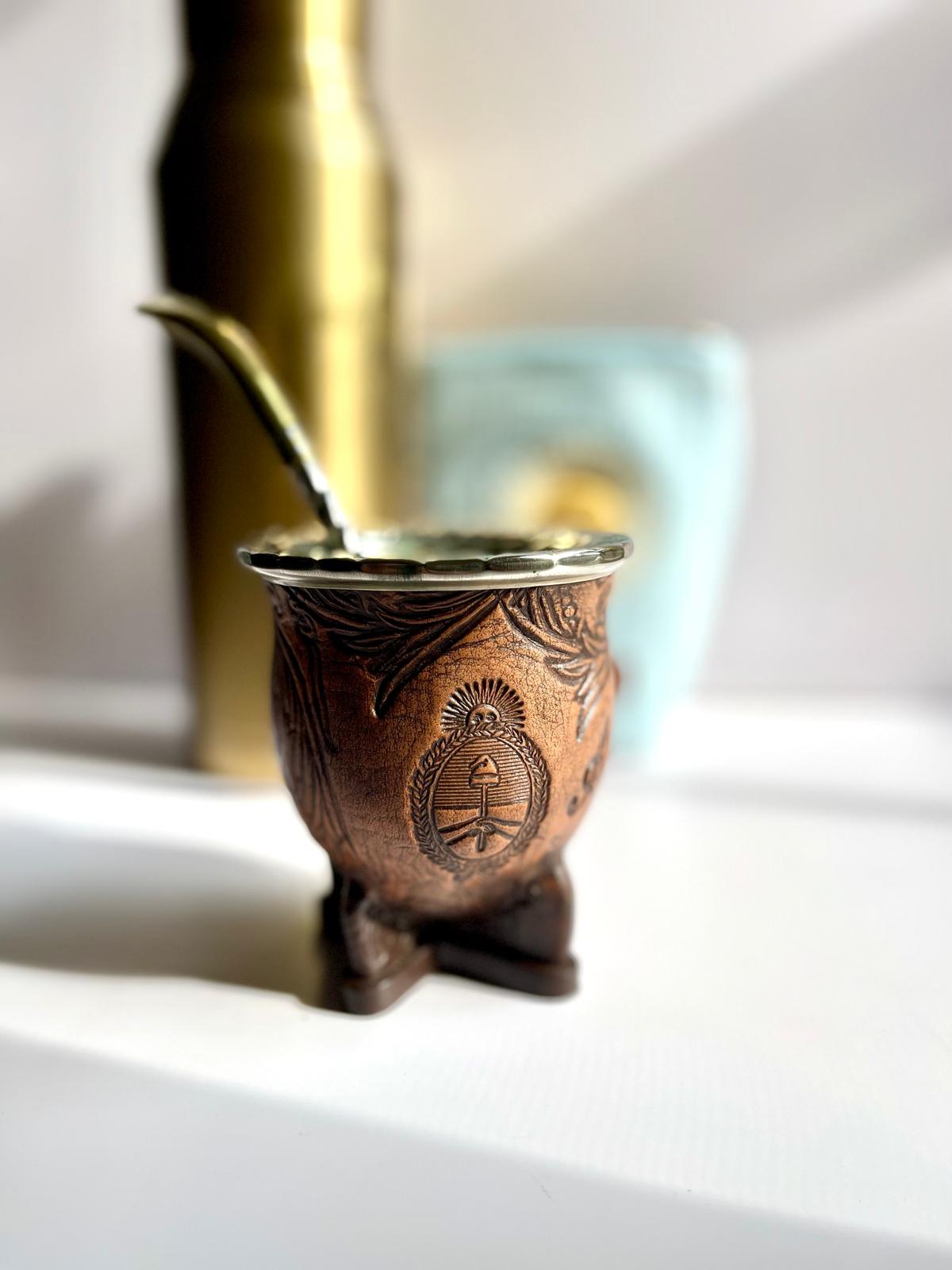 Camionero Mate Gourd - Handmade in Argentina - Genuine Leather - Hand-Chiseled Alpaca Rim -Argentine Coat of Arms - Luxury Artisan Mate