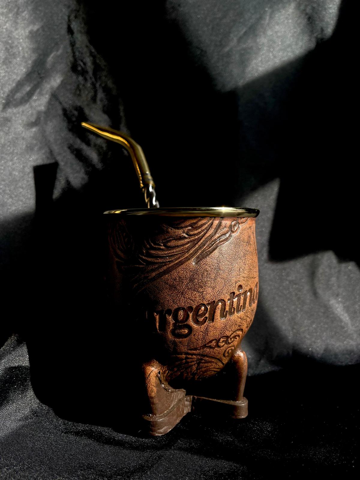 Camionero Mate Gourd - Handmade in Argentina - Genuine Leather - Hand-Chiseled Alpaca Rim -Argentine Coat of Arms - Luxury Artisan Mate
