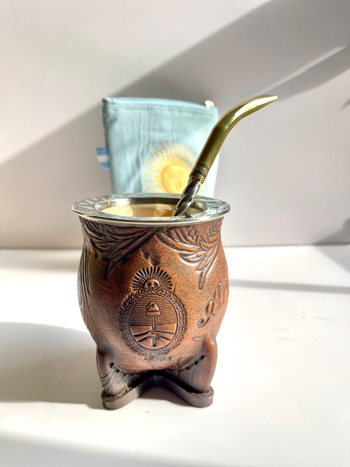 Camionero Mate Gourd - Handmade in Argentina - Genuine Leather - Hand-Chiseled Alpaca Rim -Argentine Coat of Arms - Luxury Artisan Mate