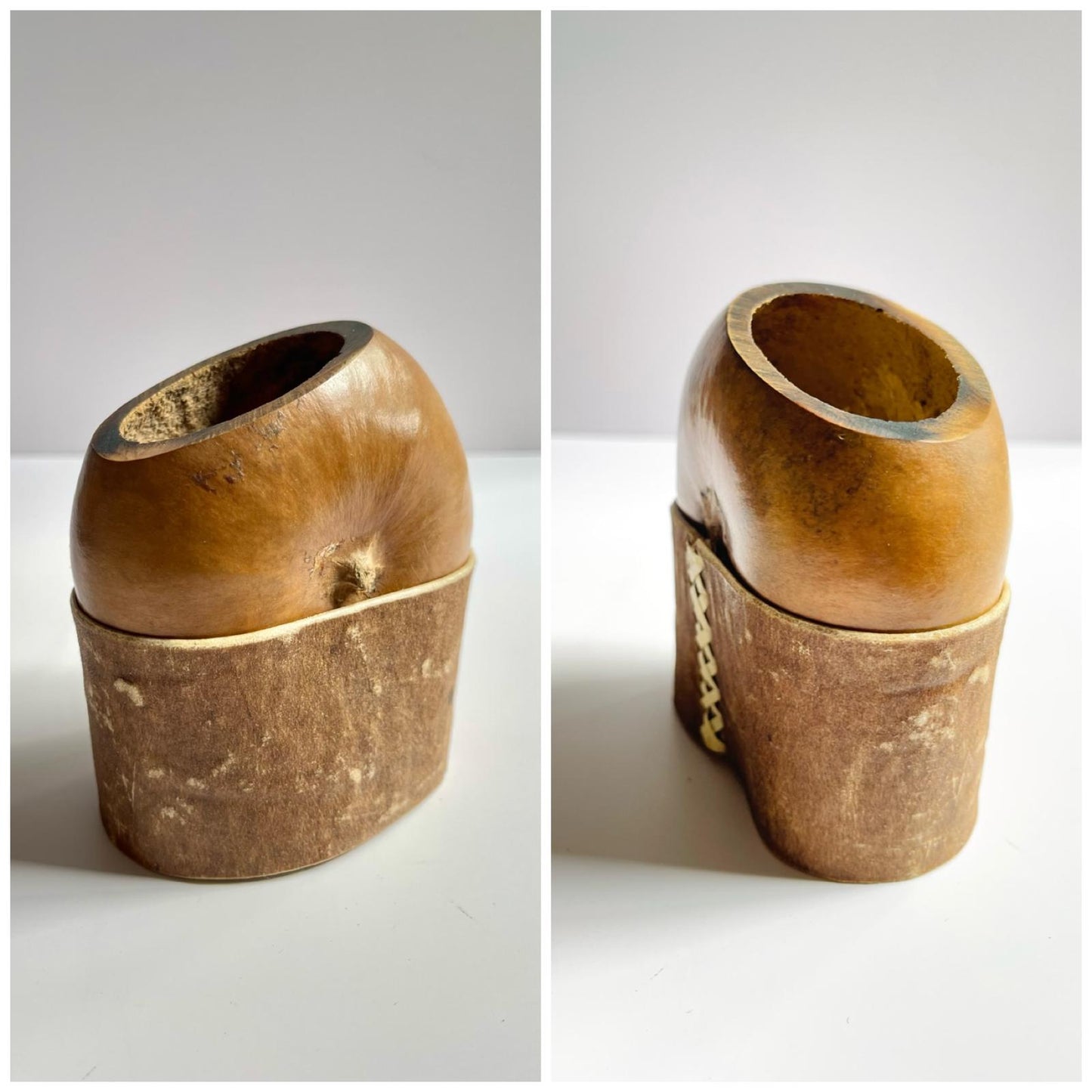 Rare Smoked Mate Galleta Gourd | Traditional Argentine Calabash Cup, Leather Base, ARGENTINA