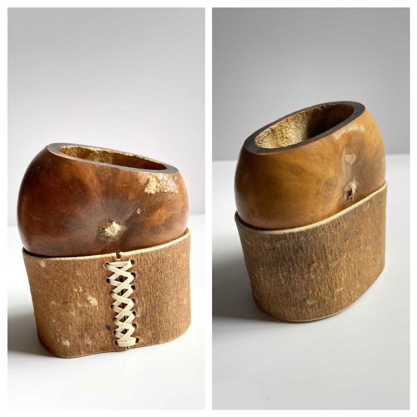 Rare Smoked Mate Galleta Gourd | Traditional Argentine Calabash Cup, Leather Base, ARGENTINA