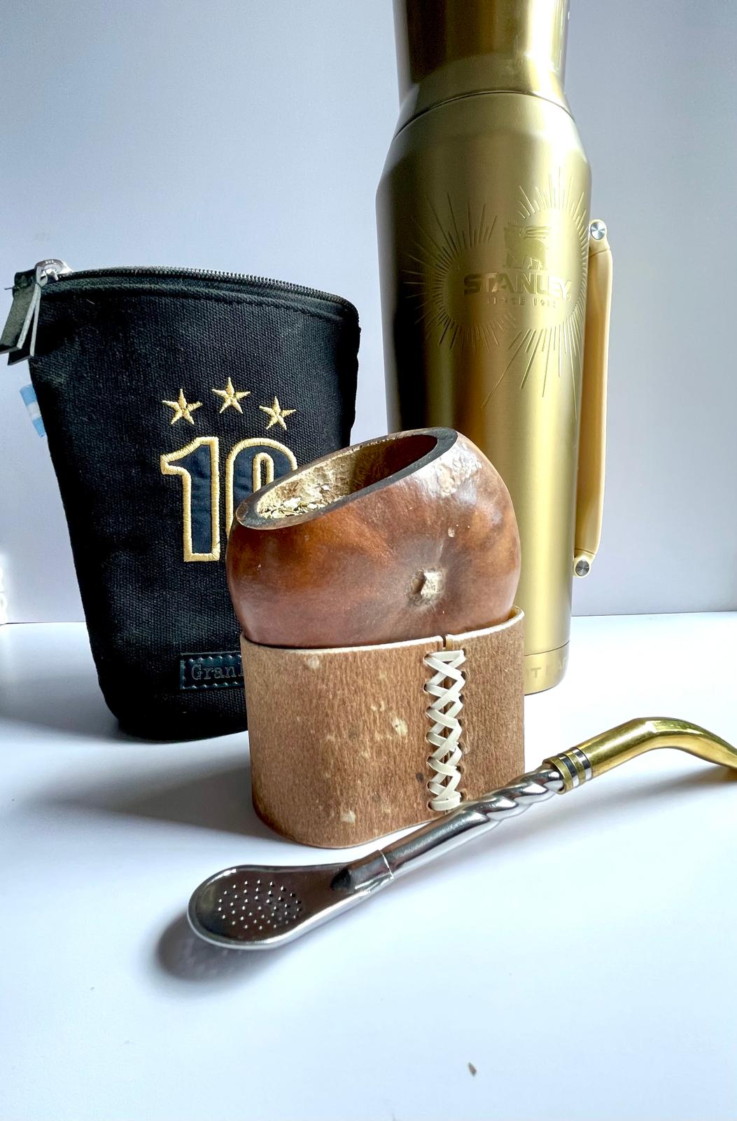 Rare Smoked Mate Galleta Gourd | Traditional Argentine Calabash Cup, Leather Base, ARGENTINA