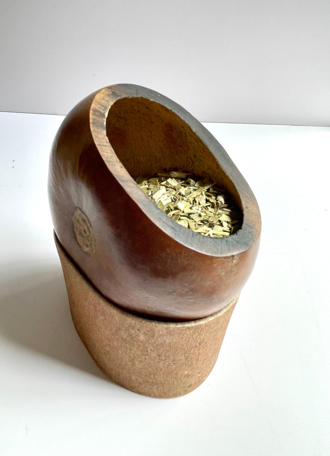 Rare Smoked Mate Galleta Gourd | Traditional Argentine Calabash Cup, Leather Base, ARGENTINA