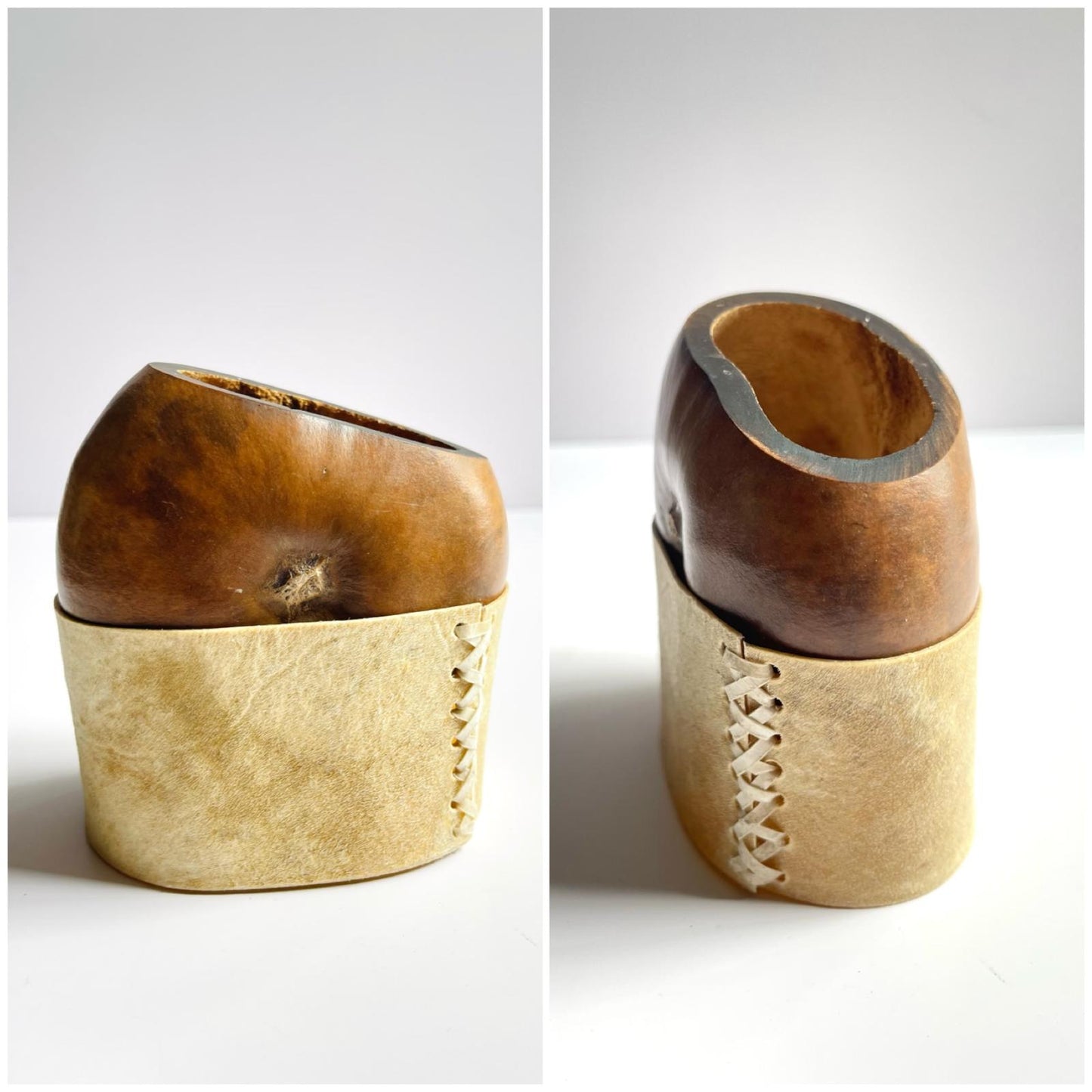 Rare Smoked Mate Galleta Gourd | Traditional Argentine Calabash Cup, Leather Base, ARGENTINA