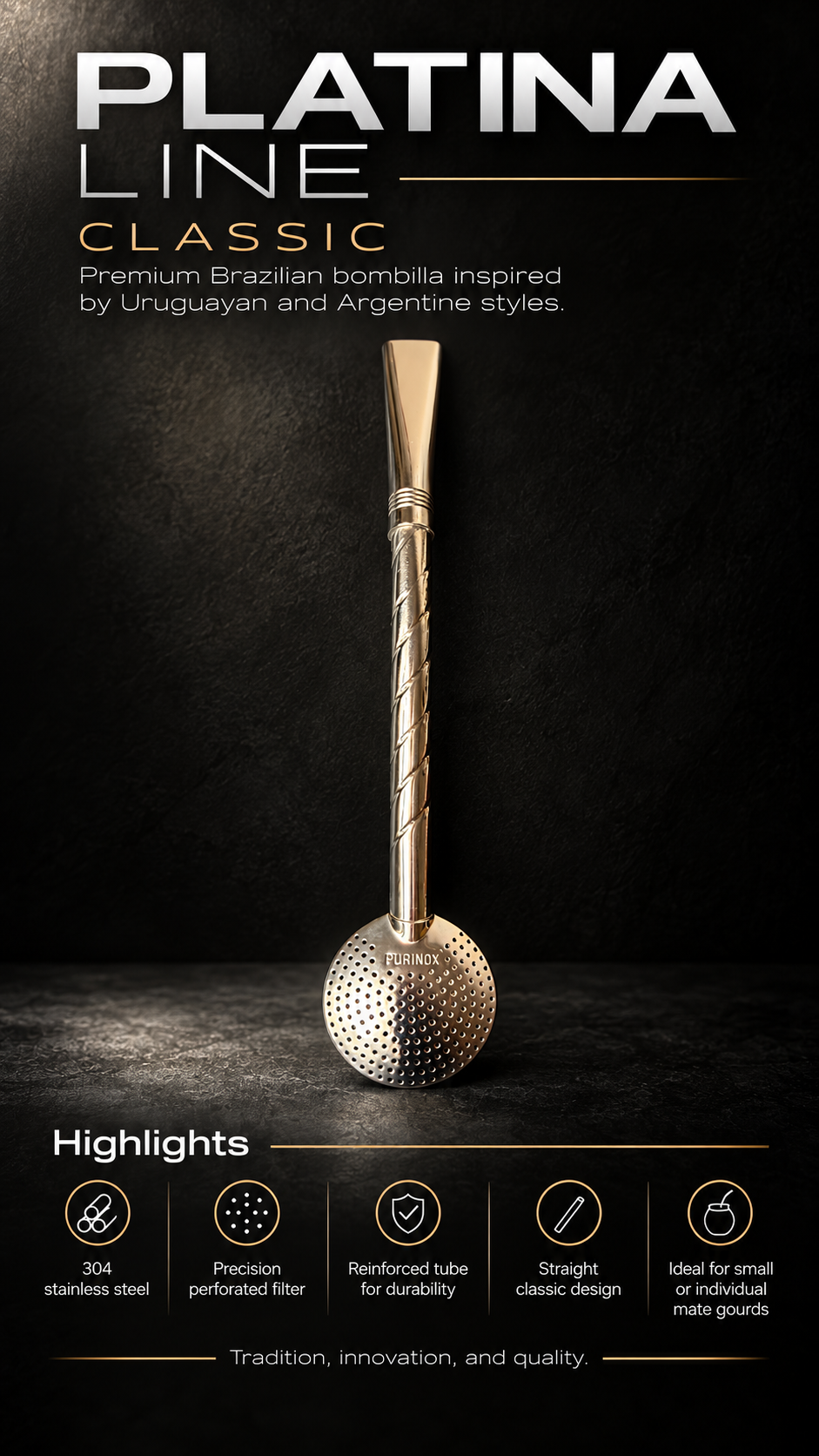 Purinox Classic Cincelado Bombillón-Premium Stainless Steel Mate Straw, Brazilian Yerba Mate Bombilla