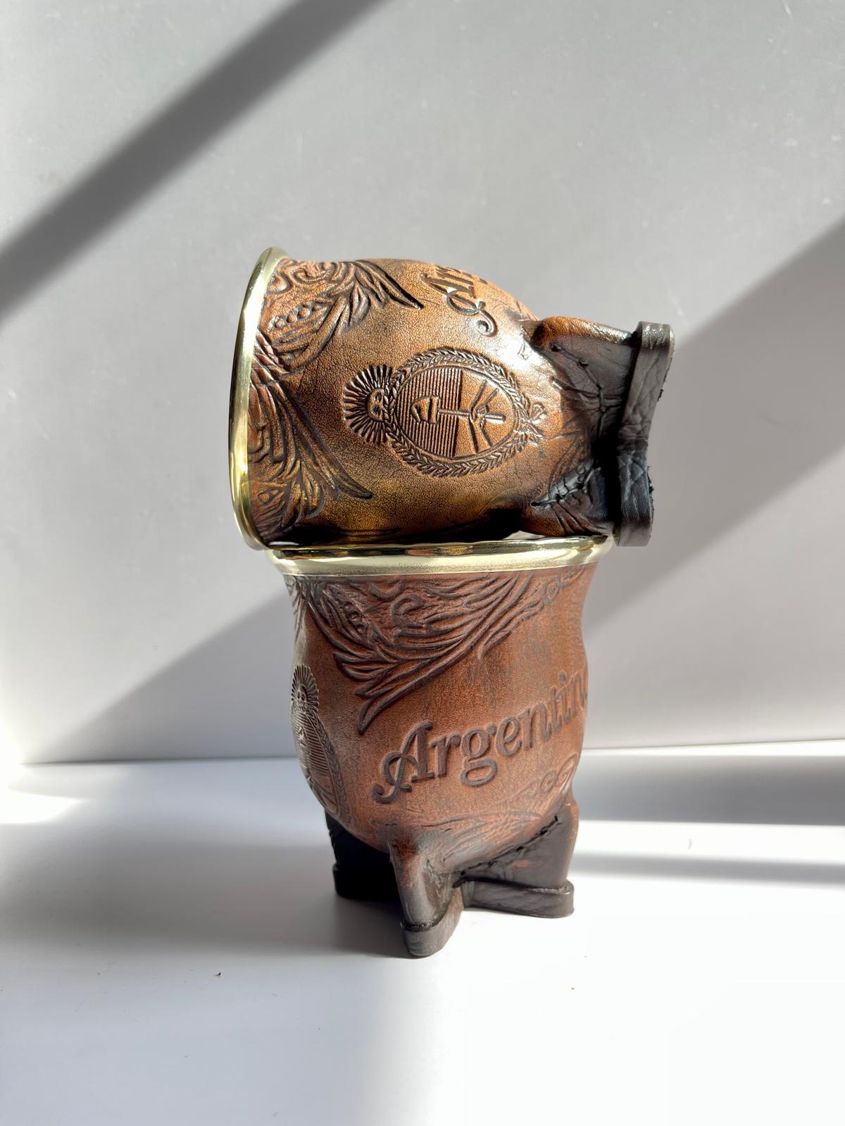 Camionero Mate Gourd - Handmade in Argentina - Genuine Leather - Hand-Chiseled Alpaca Rim -Argentine Coat of Arms - Luxury Artisan Mate