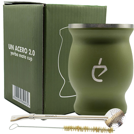 Yerba mate tea Set green: Bombilla, Insulated cup and brush. Argentina