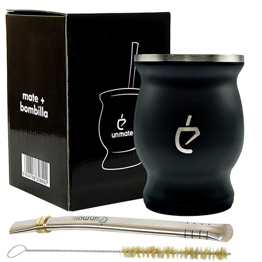 Yerba Mate Tea kit Combo Steel: Stainless steel gourd, Metal Straw (Bombilla), Brush, Argentina