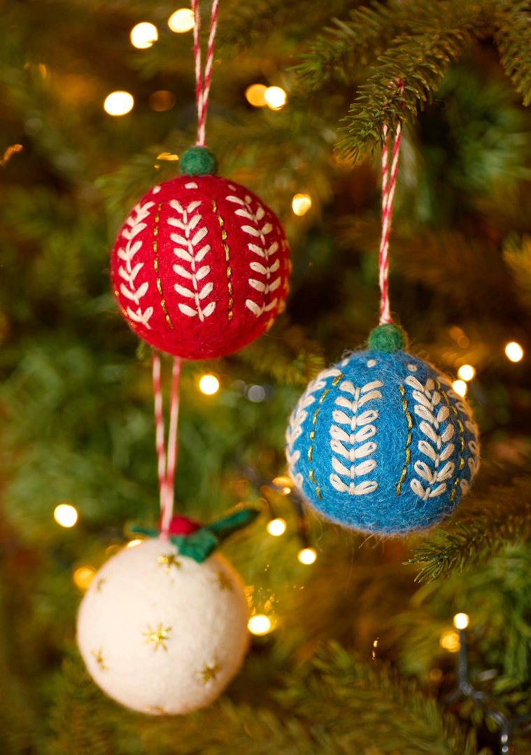 Embroidered Felt Christmas Baubles, Nepal