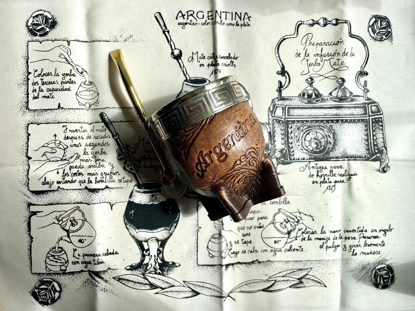 Premium Imperial Mate Gourd-Genuine Leather-Chiseled Alpaca Rim-Argentine Coat of Arms