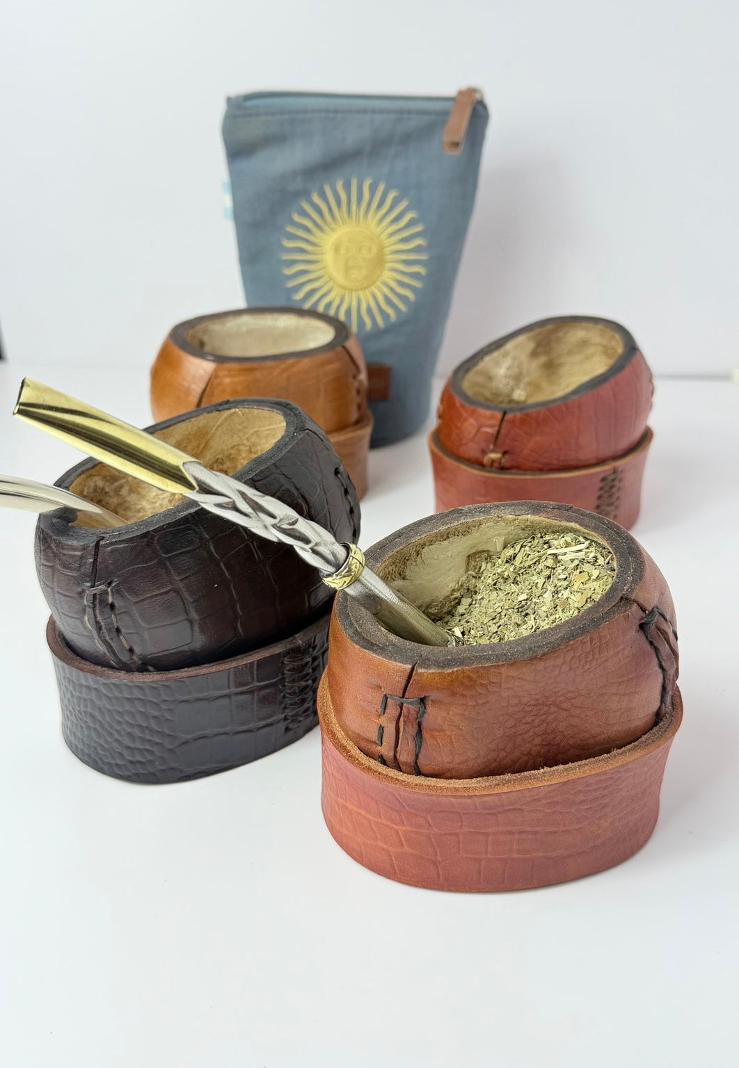 Mate Galleta – Handmade Leather Wrapped Calabash with Matching Base, ARGENTINA