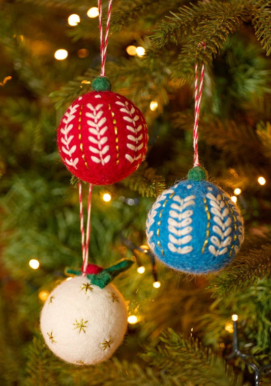 Embroidered Felt Christmas Baubles, Nepal