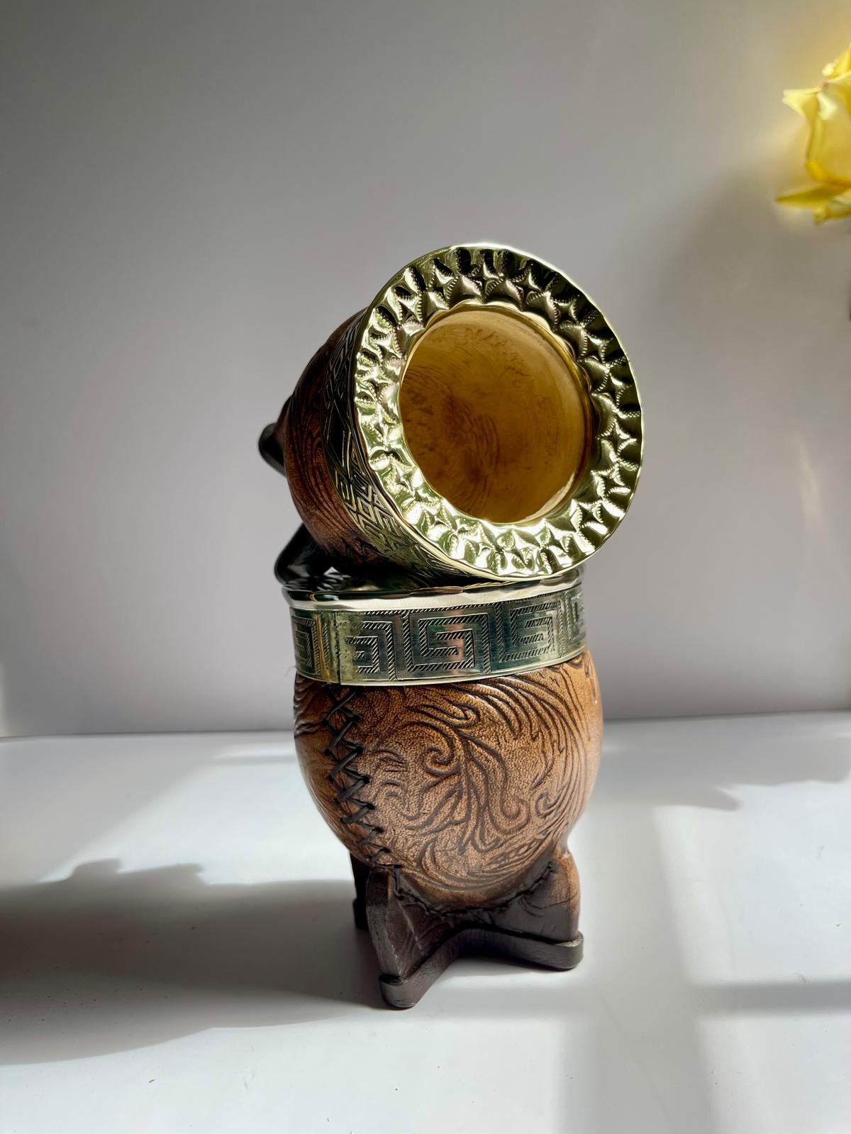 Premium Imperial Mate Gourd-Genuine Leather-Hand-Chiseled Bronze Rim-Argentine Coat of Arms