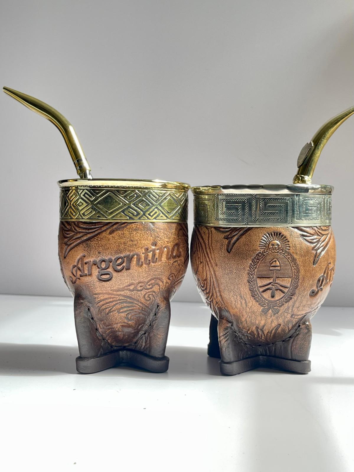 Premium Imperial Mate Gourd-Genuine Leather-Hand-Chiseled Bronze Rim-Argentine Coat of Arms