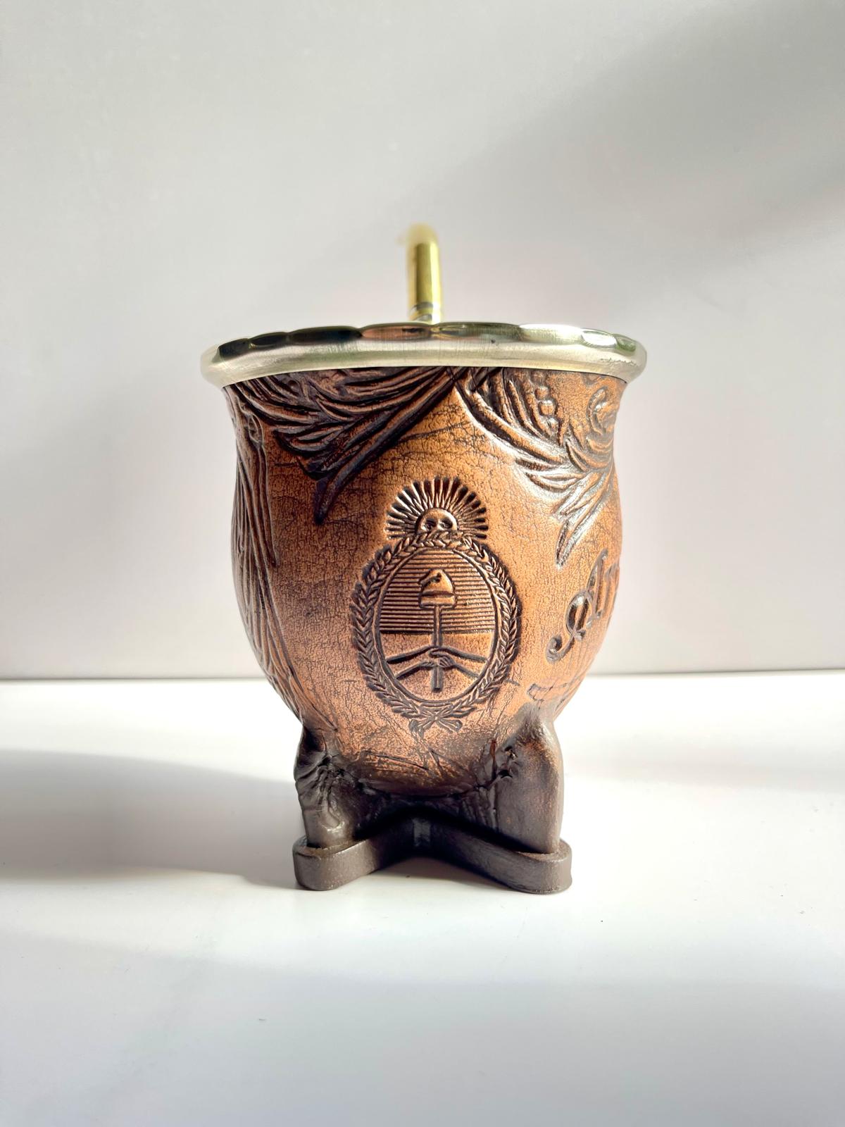 Camionero Mate Gourd - Handmade in Argentina - Genuine Leather - Hand-Chiseled Alpaca Rim -Argentine Coat of Arms - Luxury Artisan Mate