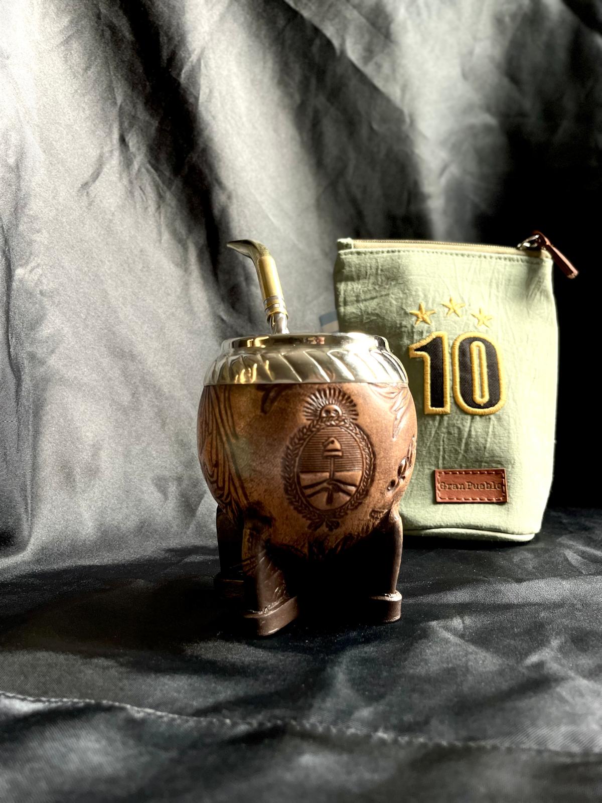 Torpedo Mate Gourd-Handmade in Argentina-Genuine Leather-Hand-Chiseled Alpaca Rim-Argentine Coat of Arms-Luxury Artisan Mate