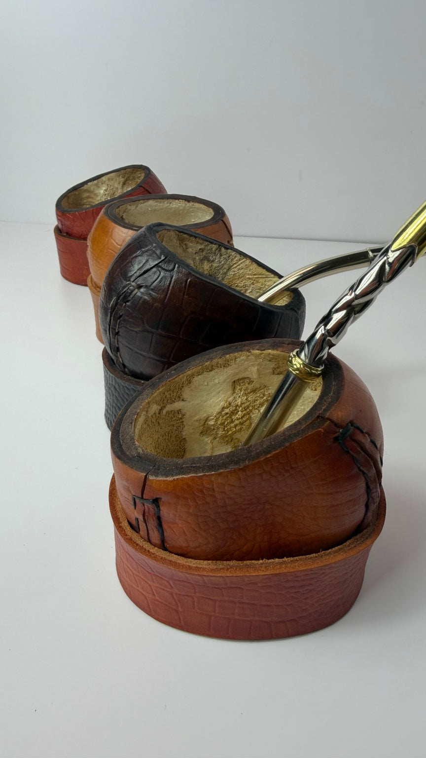 Mate Galleta – Handmade Leather Wrapped Calabash with Matching Base, ARGENTINA