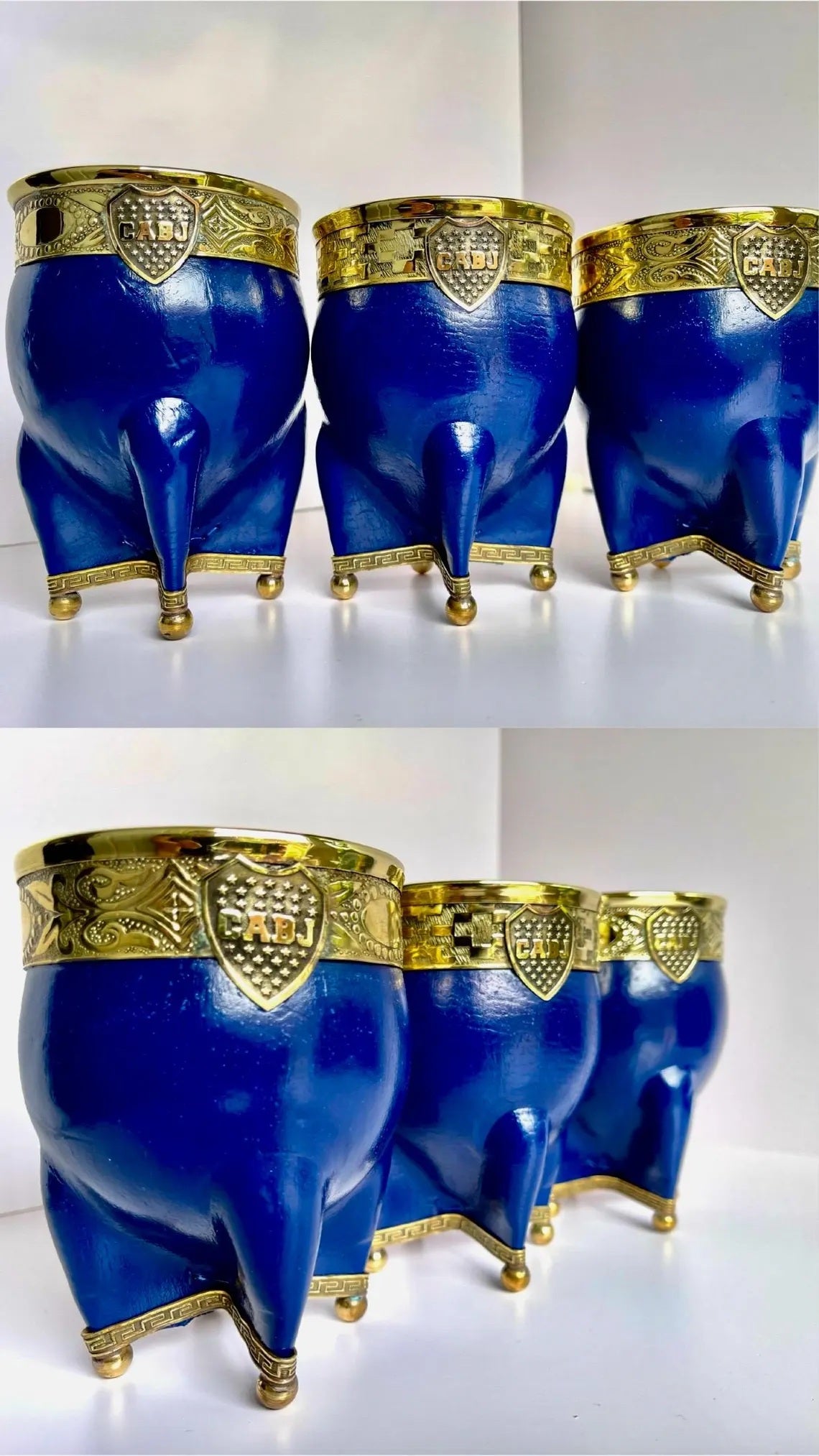Handmade Argentine Mate Gourd: Boca Juniors Blue Leather & Bronze-Set