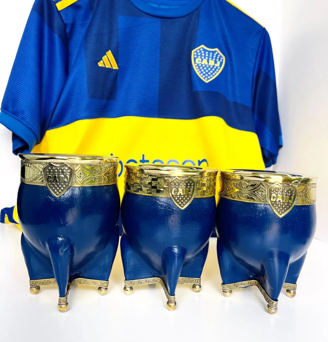 Handmade Argentine Mate Gourd: Boca Juniors Blue Leather & Bronze-Set