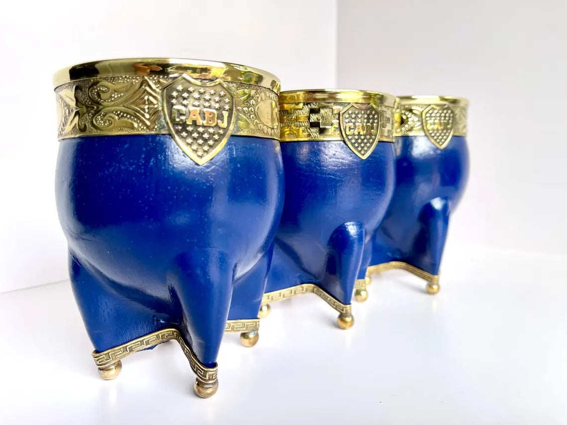 Handmade Argentine Mate Gourd: Boca Juniors Blue Leather & Bronze-Set