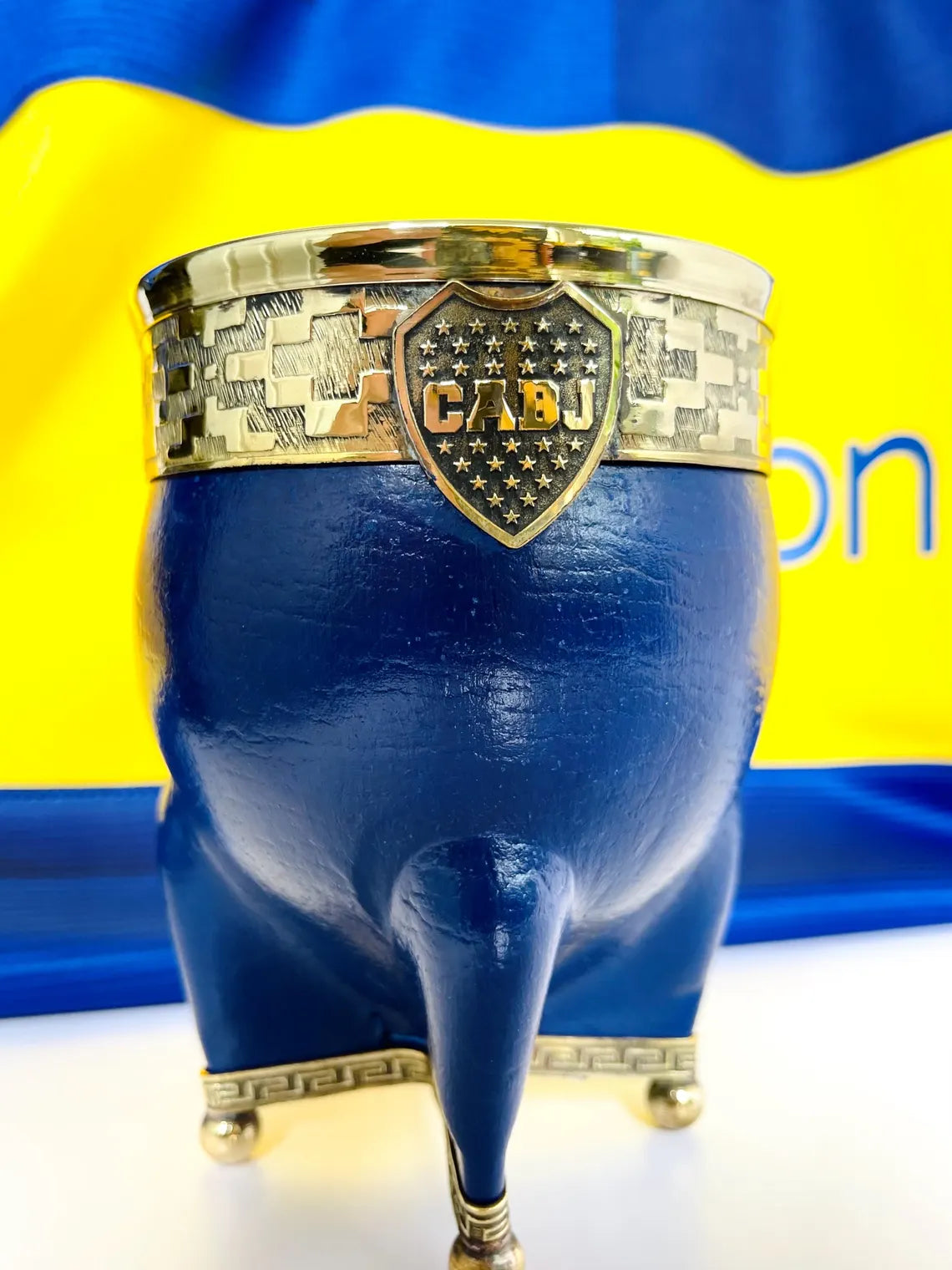 Handmade Argentine Mate Gourd: Boca Juniors Blue Leather & Bronze-Set