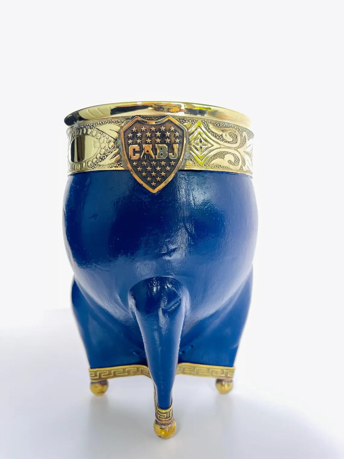 Handmade Argentine Mate Gourd: Boca Juniors Blue Leather & Bronze-Set