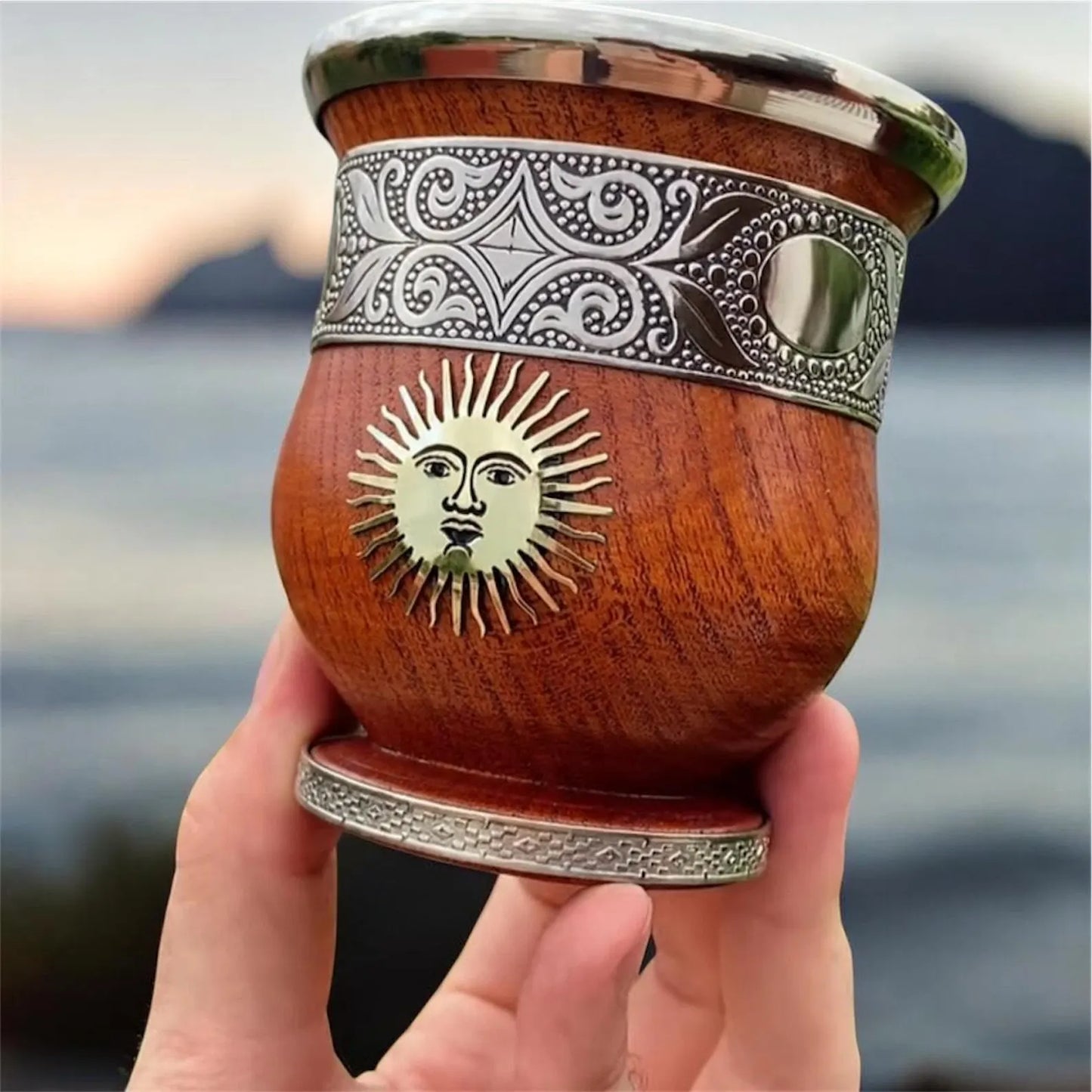 Handcrafted Carob Wood Mate Cup-Alpaca Silver Details, Sol de Mayo and National Coat of Arms (Escudo Nacional)