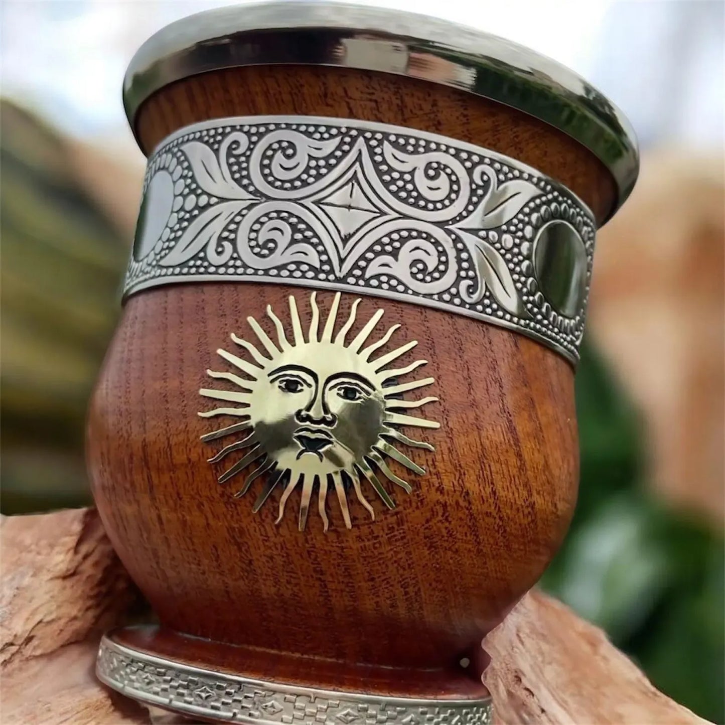 Handcrafted Carob Wood Mate Cup-Alpaca Silver Details, Sol de Mayo and National Coat of Arms (Escudo Nacional)