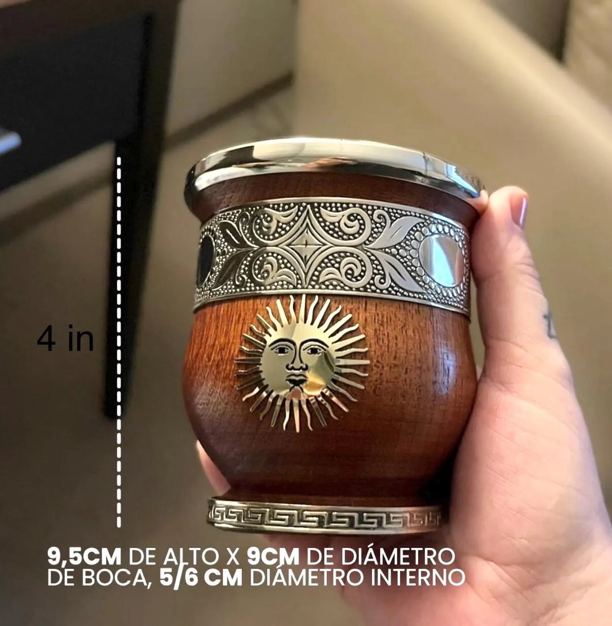 Handcrafted Carob Wood Mate Cup-Alpaca Silver Details, Sol de Mayo and National Coat of Arms (Escudo Nacional)