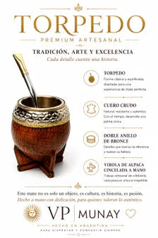 Luxury Torpedo Mate – Collector's Edition | Hand-Chiseled Ferrule, Uruguayan Gourd & Hand-Stitched Leather | Handmade in Argentina