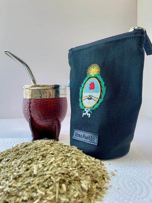 Handcrafted Escudo Nacional " National Coat of Arms /Sol de Mayo - "Sun of May" Yerba Mate Bag: Black - Canvas Cotton
