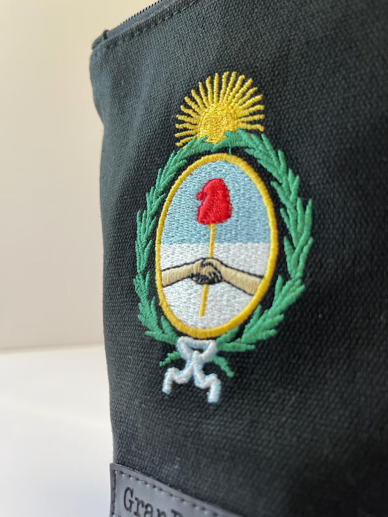 Handcrafted Escudo Nacional " National Coat of Arms /Sol de Mayo - "Sun of May" Yerba Mate Bag: Black - Canvas Cotton