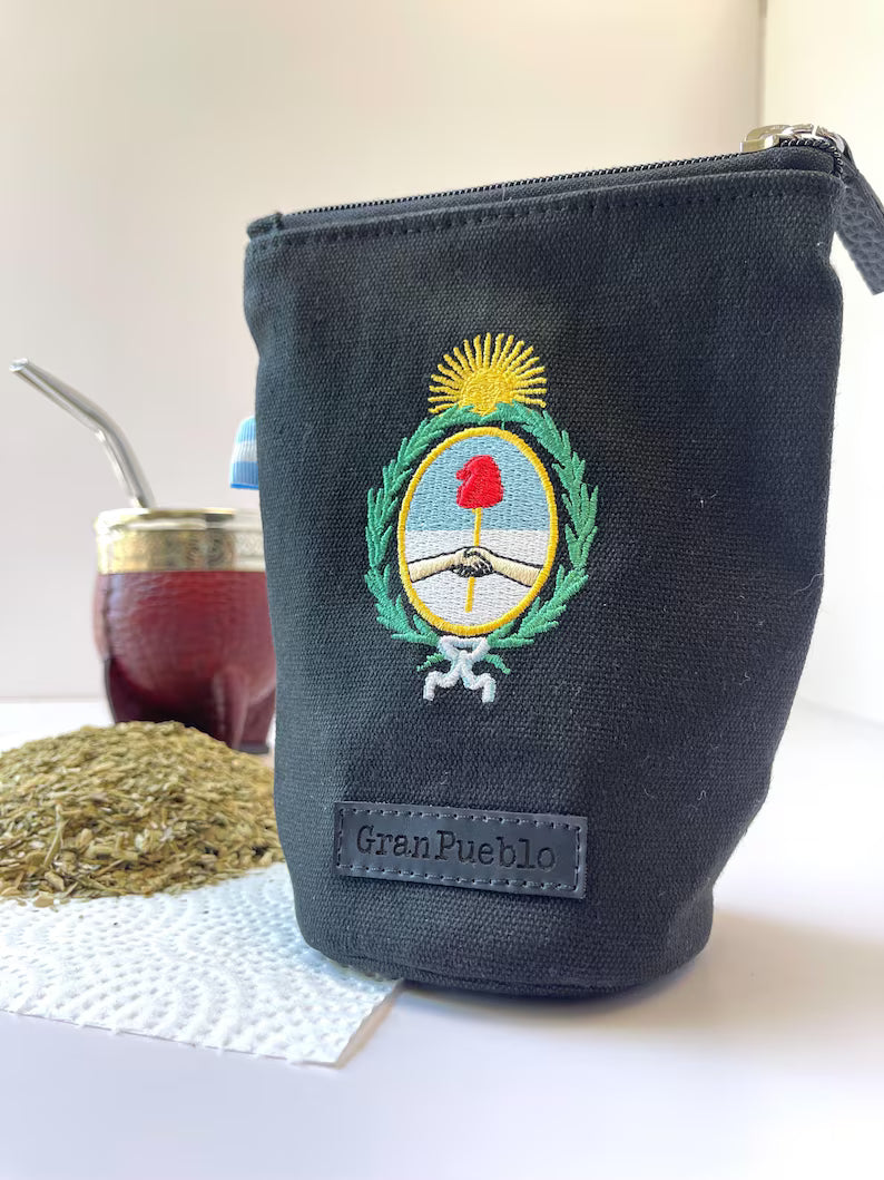 Handcrafted Escudo Nacional " National Coat of Arms /Sol de Mayo - "Sun of May" Yerba Mate Bag: Black - Canvas Cotton