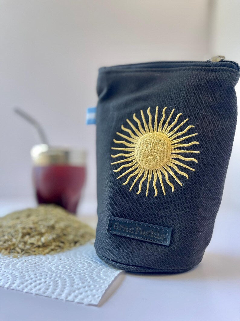 Handcrafted Escudo Nacional " National Coat of Arms /Sol de Mayo - "Sun of May" Yerba Mate Bag: Black - Canvas Cotton