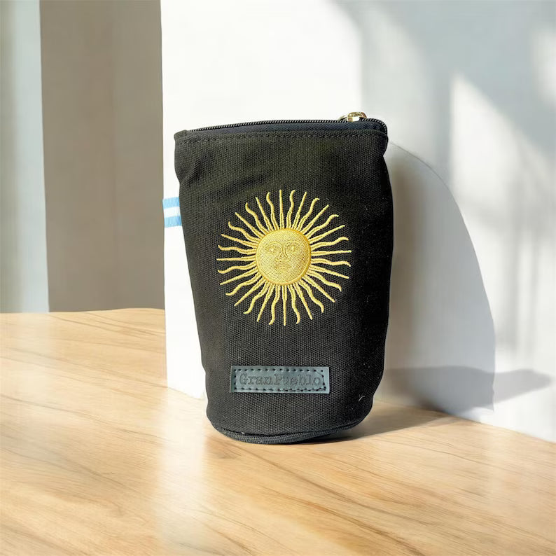 Handcrafted Escudo Nacional " National Coat of Arms /Sol de Mayo - "Sun of May" Yerba Mate Bag: Black - Canvas Cotton