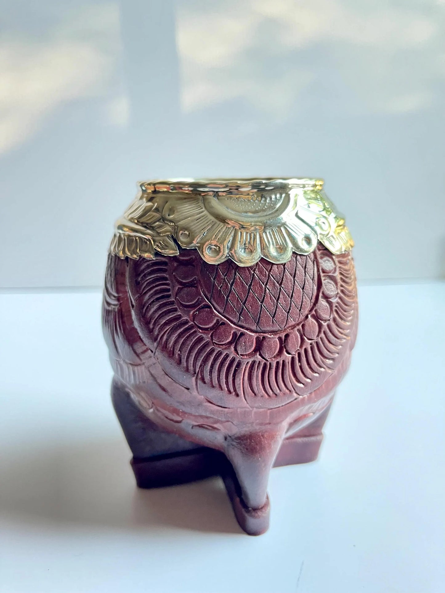 Torpedo Mate Gourd – Tooled Leather, Hand-Chiseled Alpaca Rim, Argentina