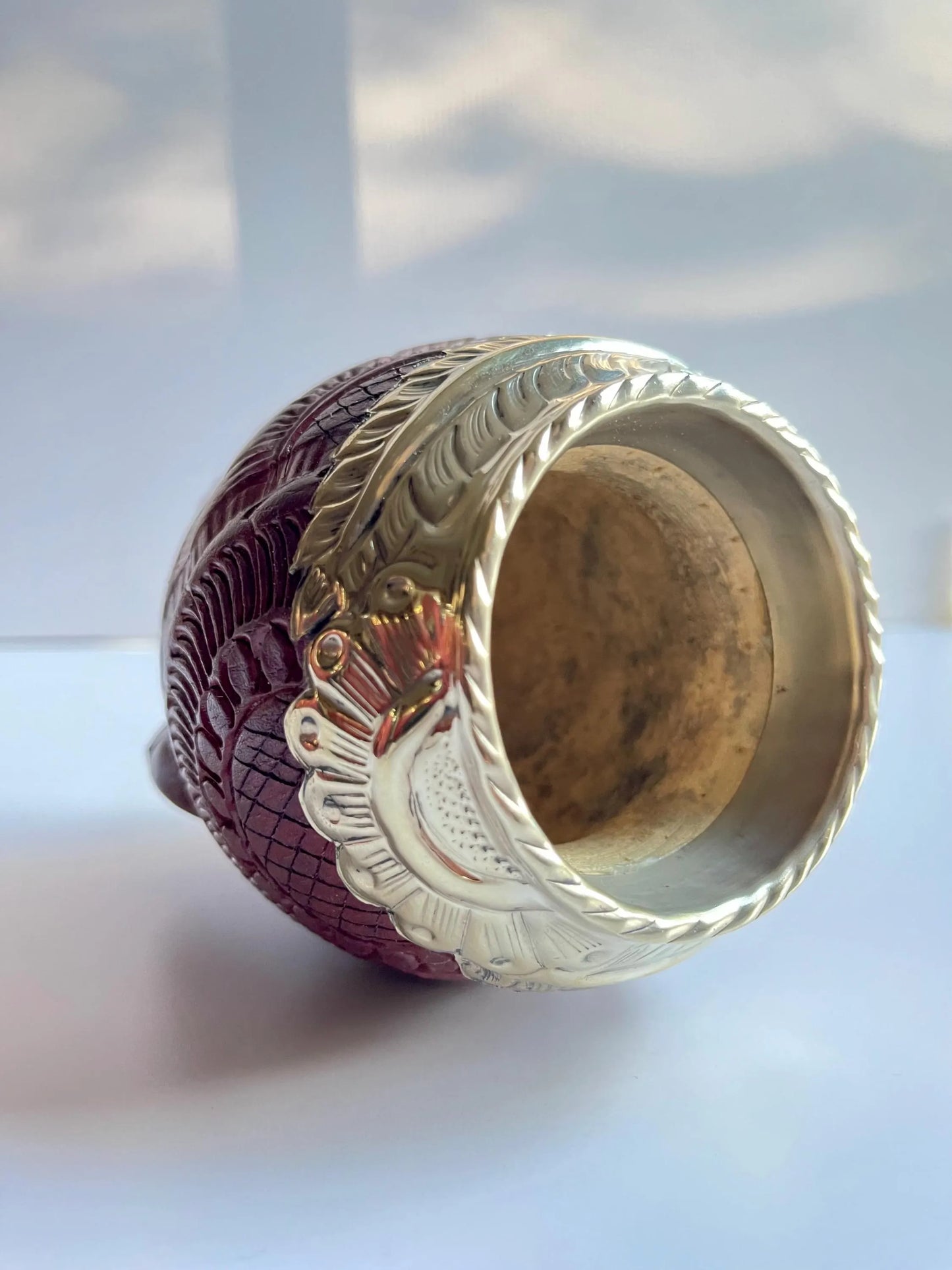 Torpedo Mate Gourd – Tooled Leather, Hand-Chiseled Alpaca Rim, Argentina