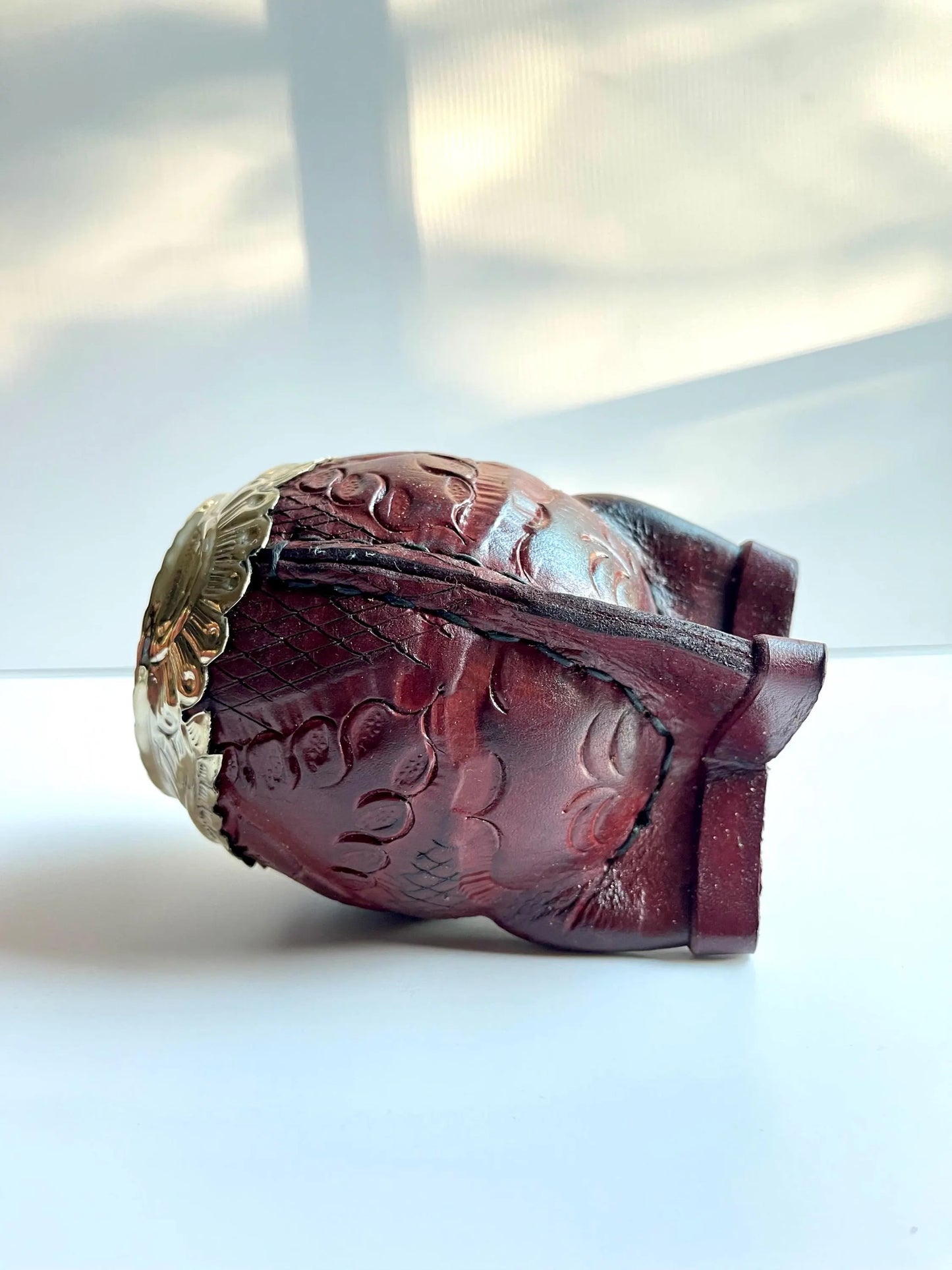 Torpedo Mate Gourd – Tooled Leather, Hand-Chiseled Alpaca Rim, Argentina