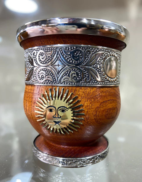 Handcrafted Carob Wood Mate Cup-Alpaca Silver Details, Sol de Mayo and National Coat of Arms (Escudo Nacional)