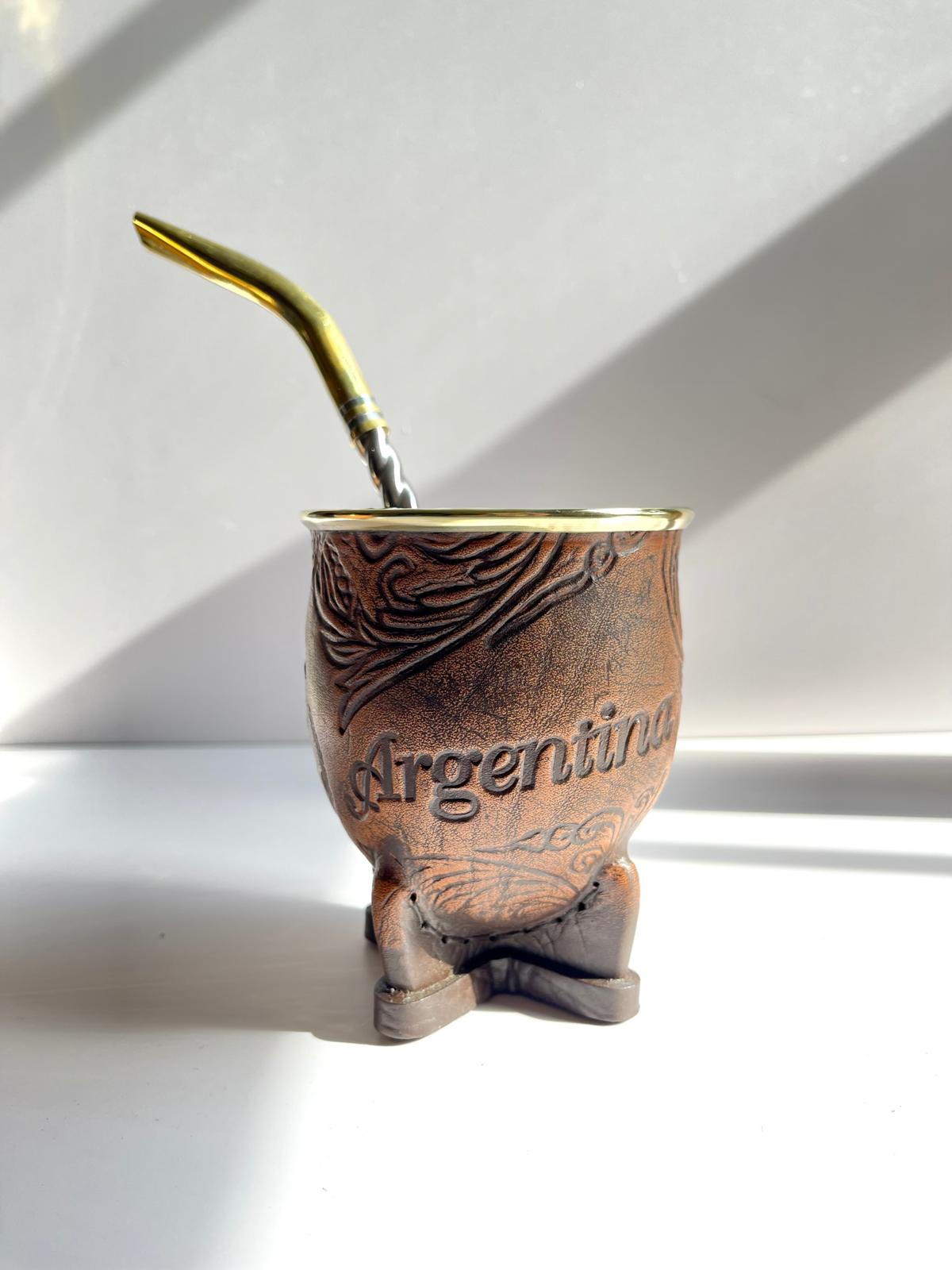 Camionero Mate Gourd - Handmade in Argentina - Genuine Leather - Hand-Chiseled Alpaca Rim -Argentine Coat of Arms - Luxury Artisan Mate