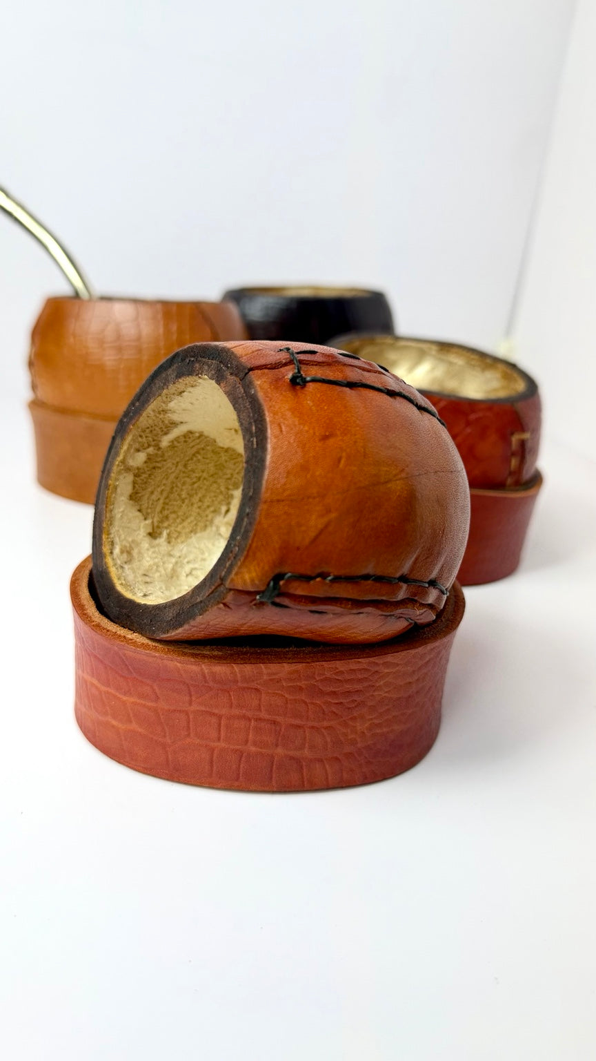 Mate Galleta – Handmade Leather Wrapped Calabash with Matching Base, ARGENTINA