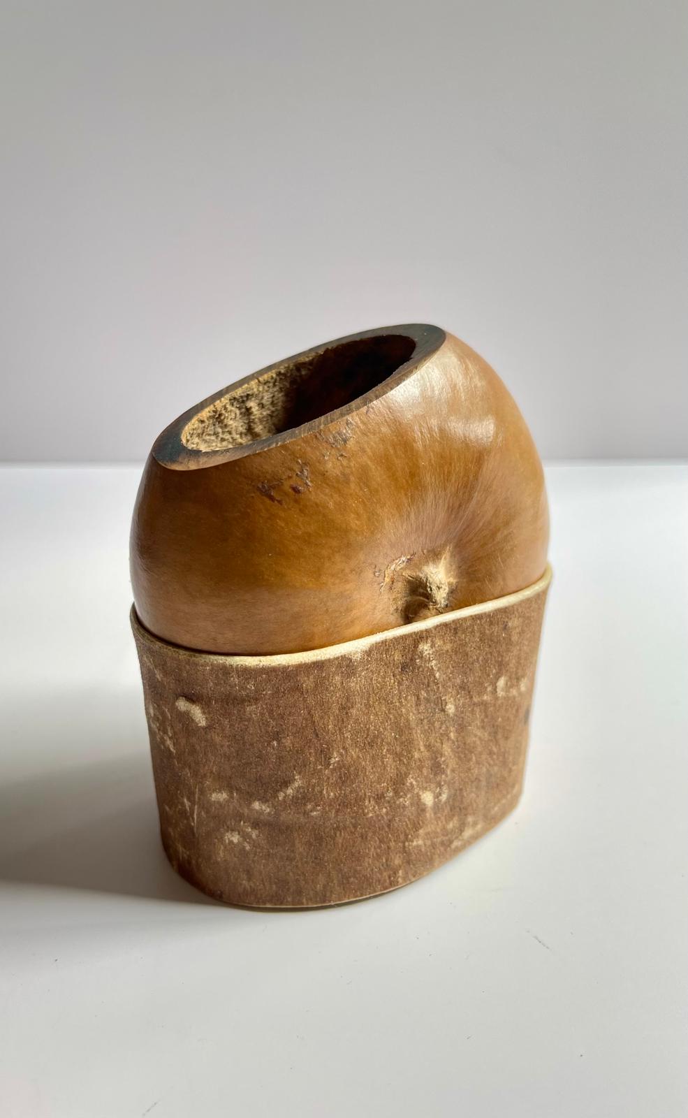 Rare Smoked Mate Galleta Gourd | Traditional Argentine Calabash Cup, Leather Base, ARGENTINA