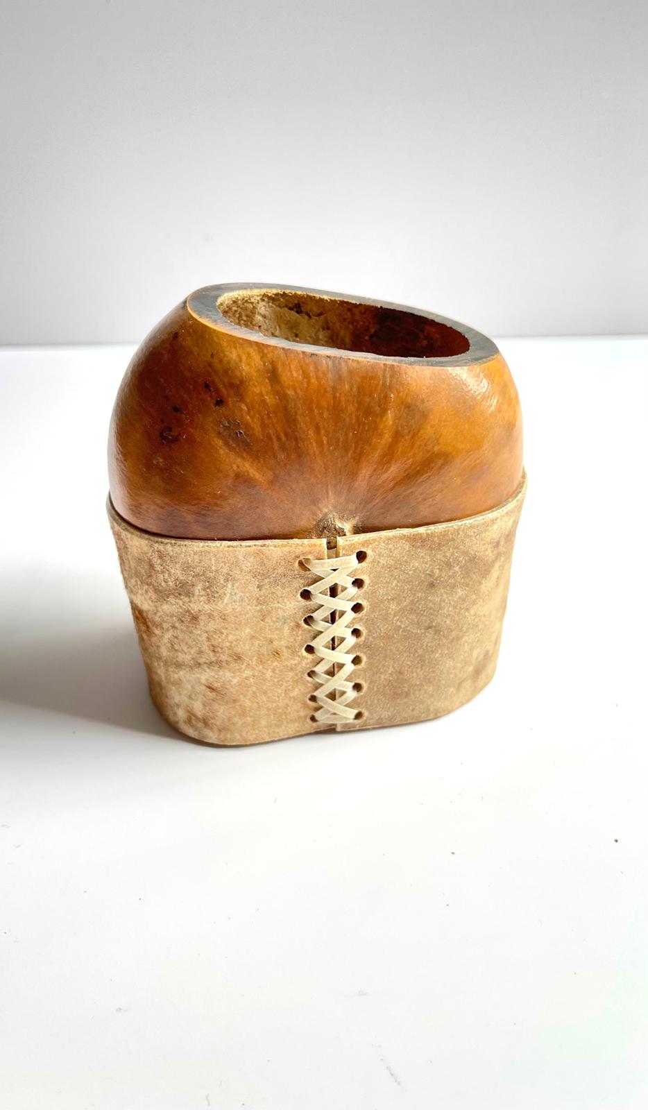 Rare Smoked Mate Galleta Gourd | Traditional Argentine Calabash Cup, Leather Base, ARGENTINA