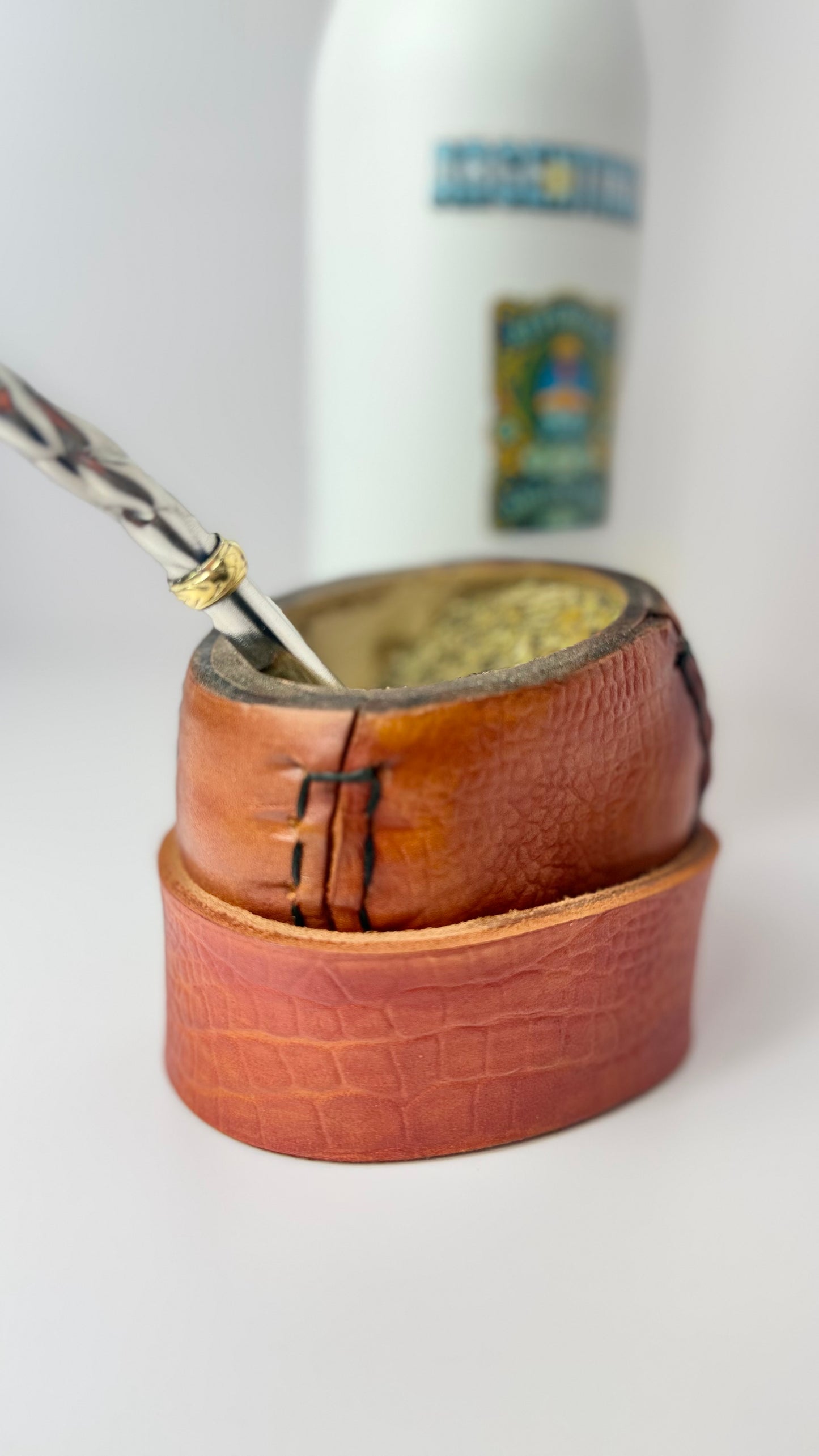 Mate Galleta – Handmade Leather Wrapped Calabash with Matching Base, ARGENTINA