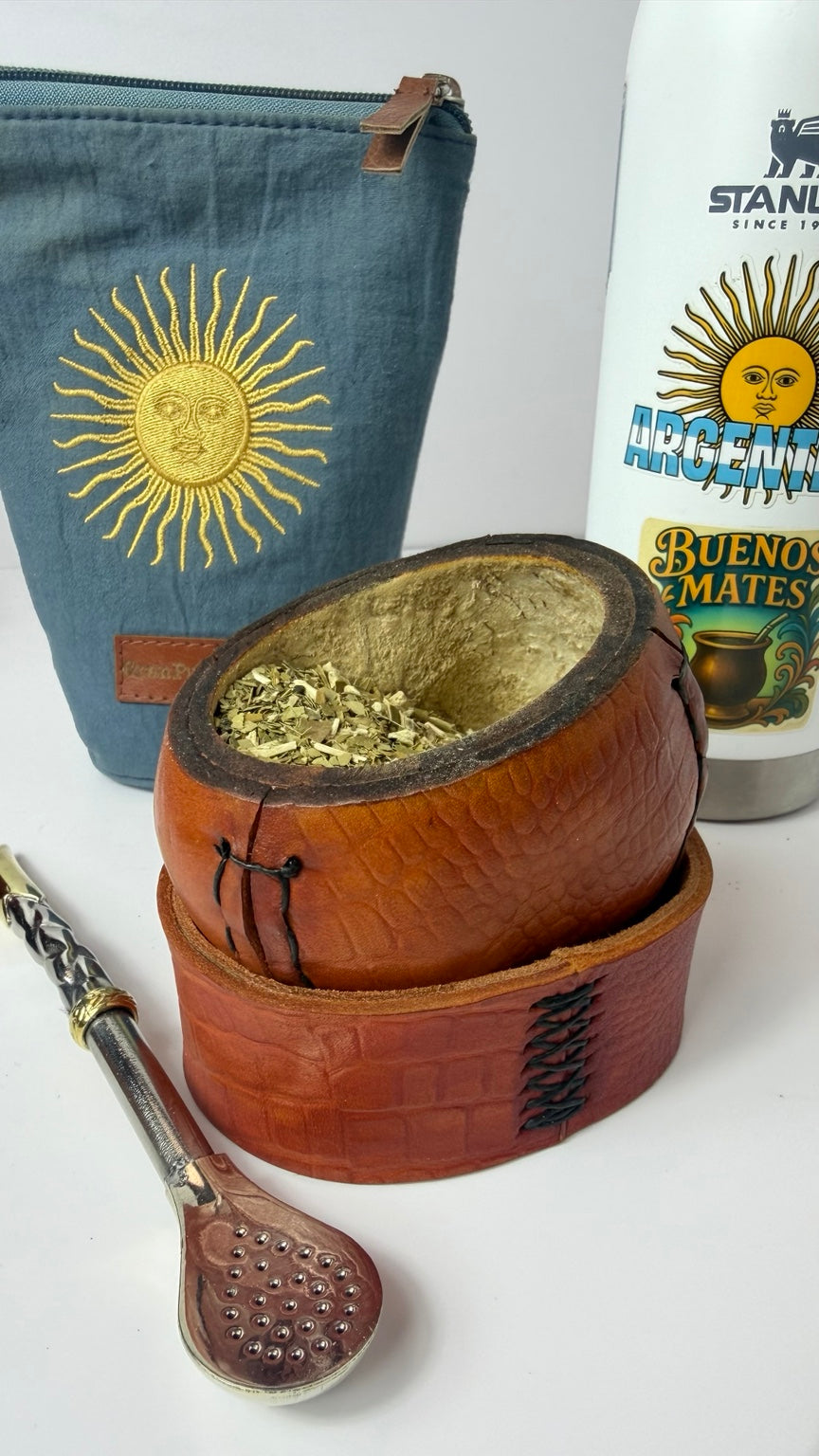 Mate Galleta – Handmade Leather Wrapped Calabash with Matching Base, ARGENTINA