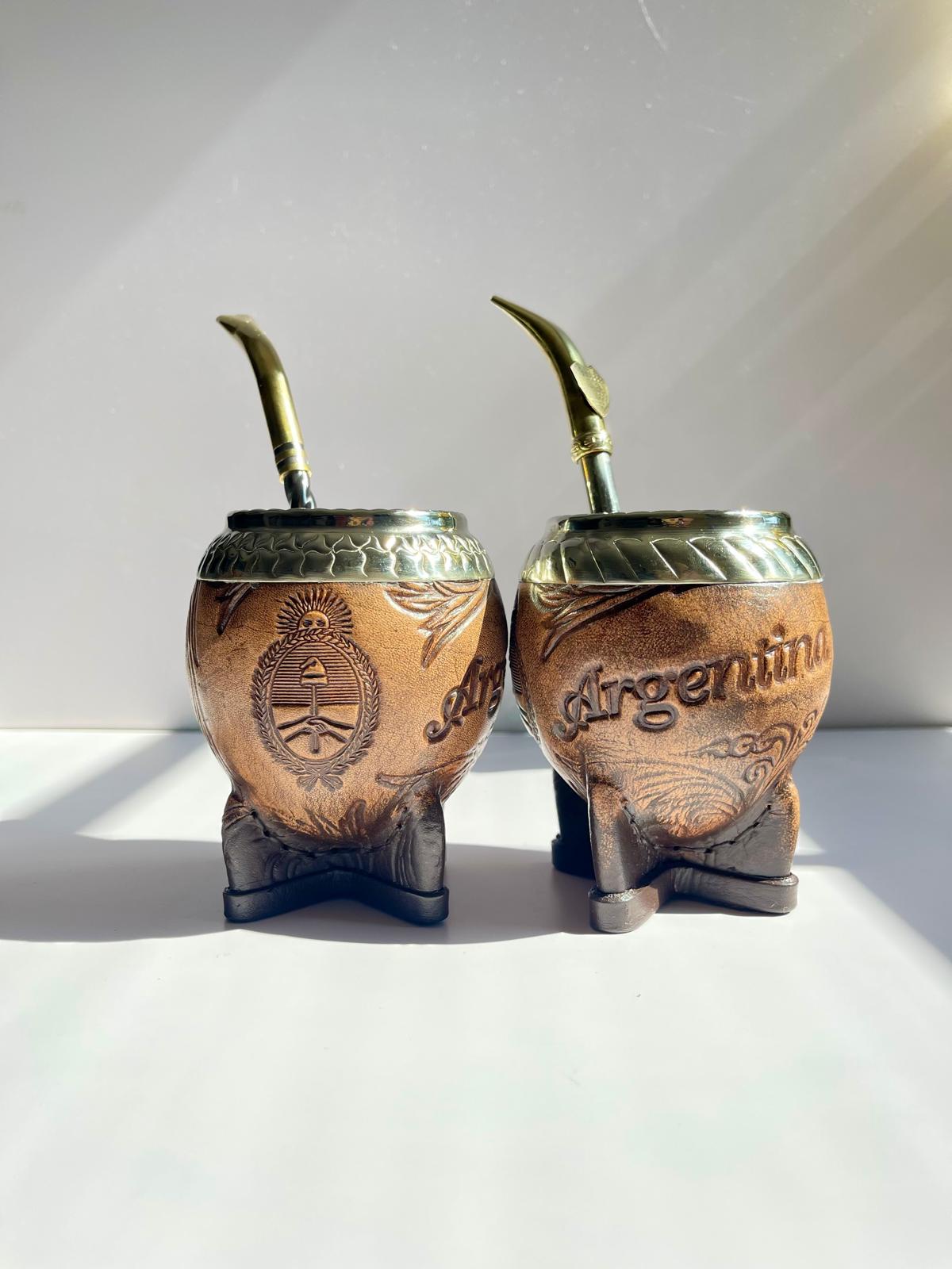 Torpedo Mate Gourd-Handmade in Argentina-Genuine Leather-Hand-Chiseled Alpaca Rim-Argentine Coat of Arms-Luxury Artisan Mate
