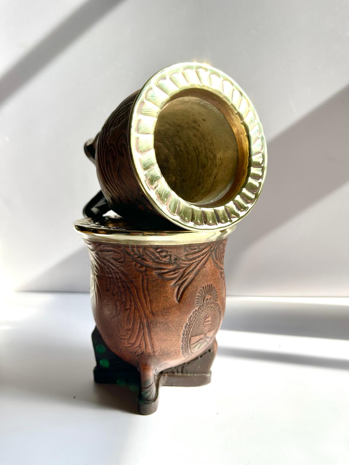 Camionero Mate Gourd - Handmade in Argentina - Genuine Leather - Hand-Chiseled Alpaca Rim -Argentine Coat of Arms - Luxury Artisan Mate