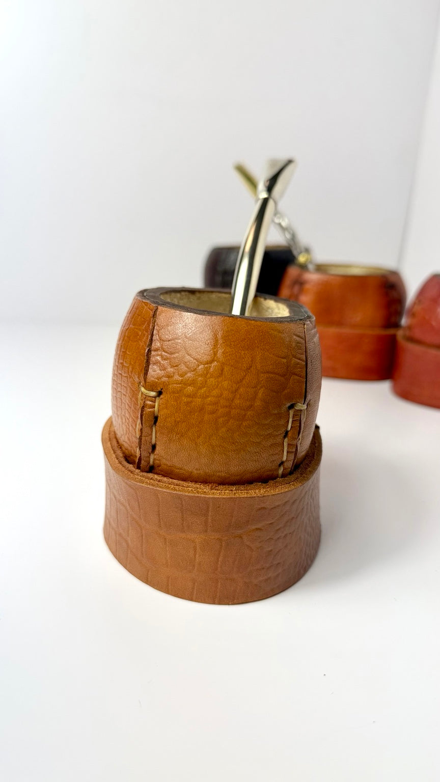 Mate Galleta – Handmade Leather Wrapped Calabash with Matching Base, ARGENTINA